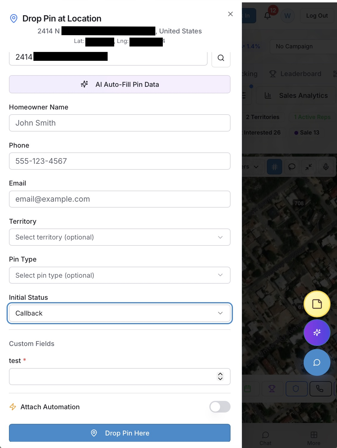 GameForce drop pin form with homeowner data, AI auto-fill, lead status, and territory assignment
