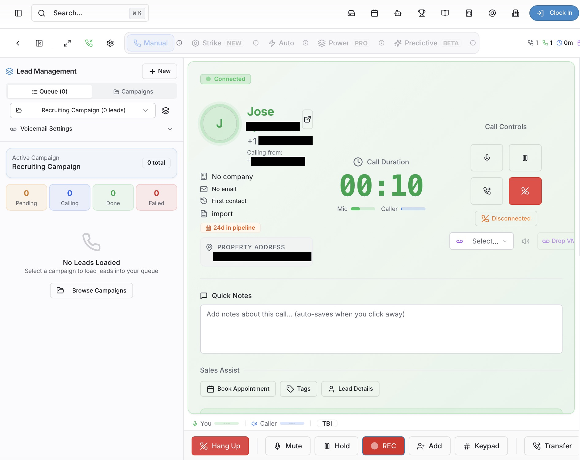 GameForce CRM dialer with live call controls, notes, appointment booking, and lead details