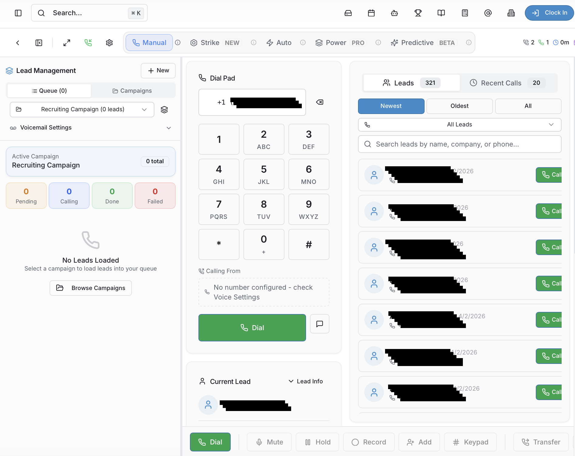 GameForce manual dialer with lead management, recent calls, and call queue