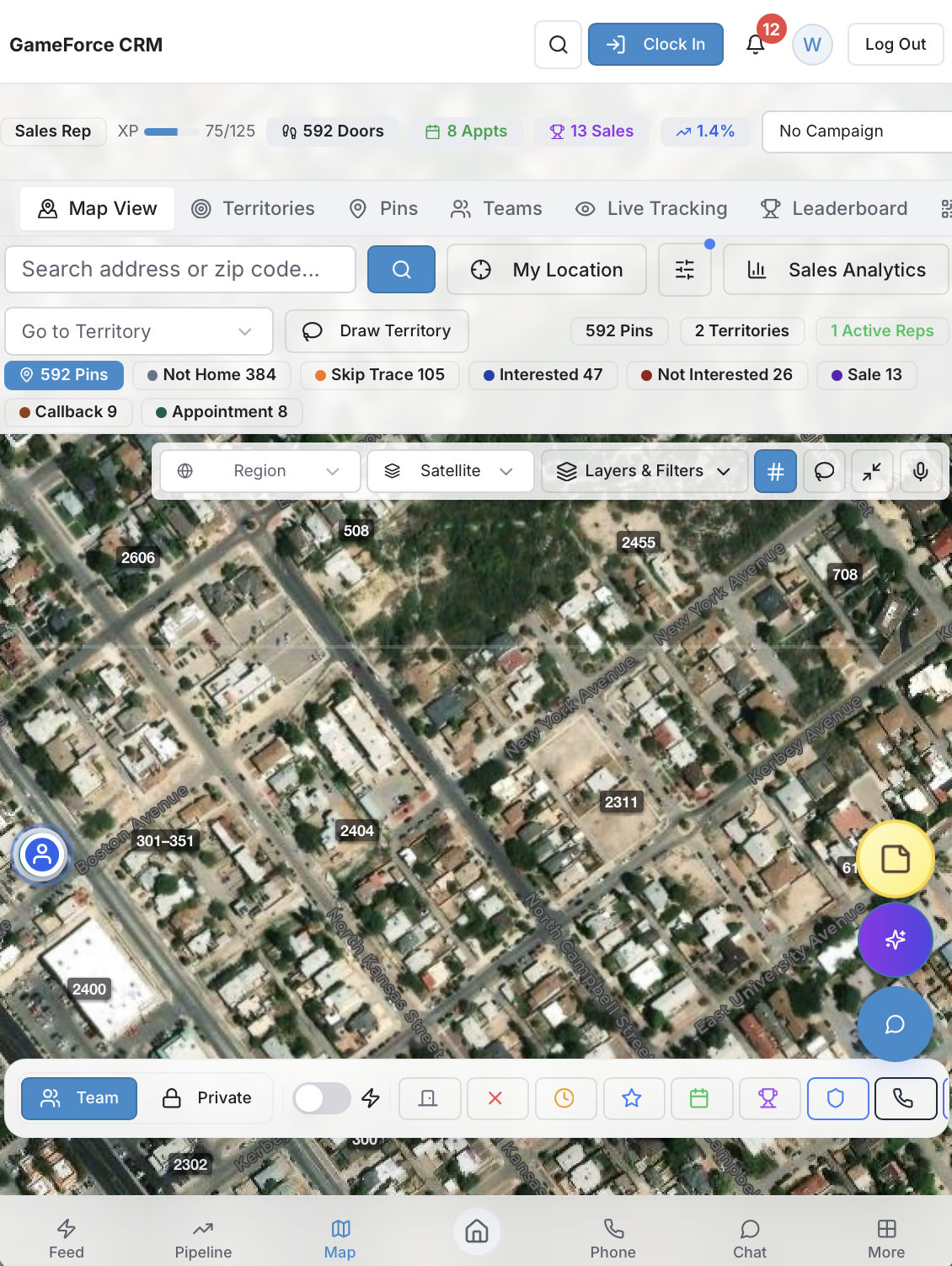 GameForce D2D canvassing app with satellite map, pins, territories, and live tracking
