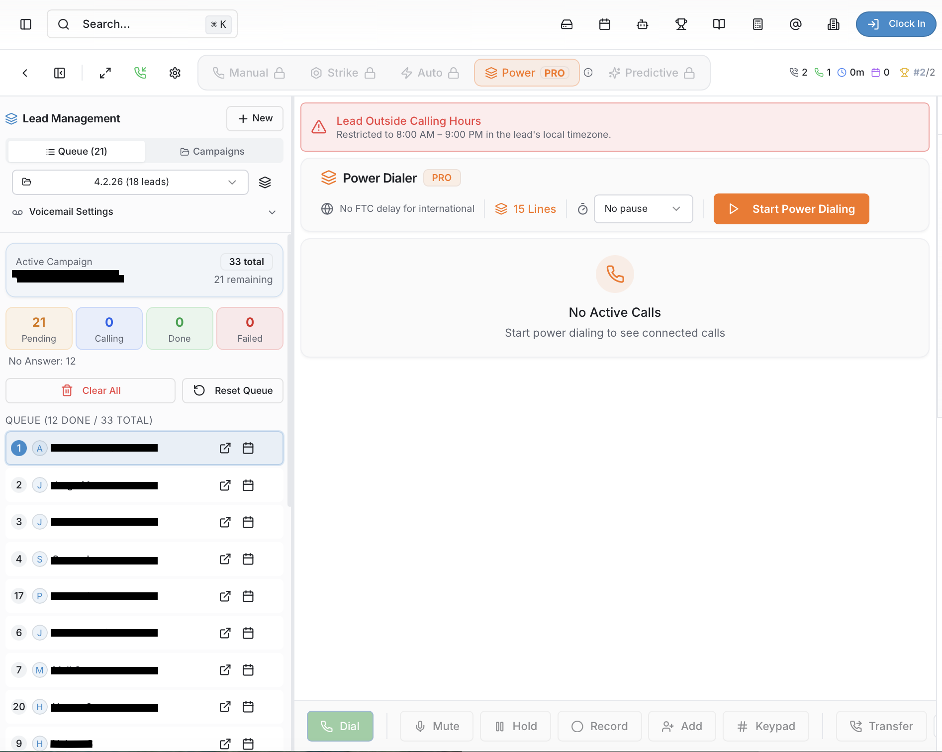 GameForce Power Dialer PRO with 15-line auto-dialing, lead queue, and campaign management